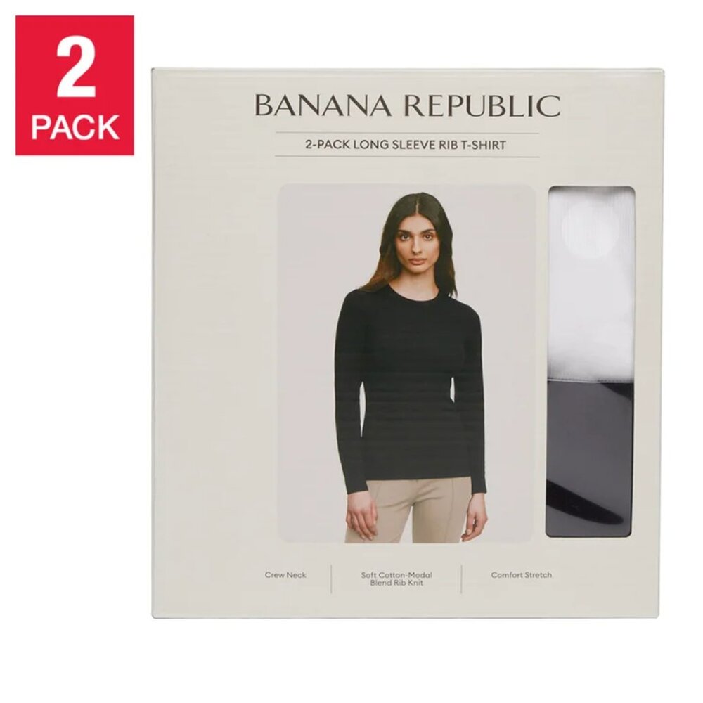 Banana Republic Women's Ribbed Crewneck Long Sleeve T-shirt, 2-pack-NEW